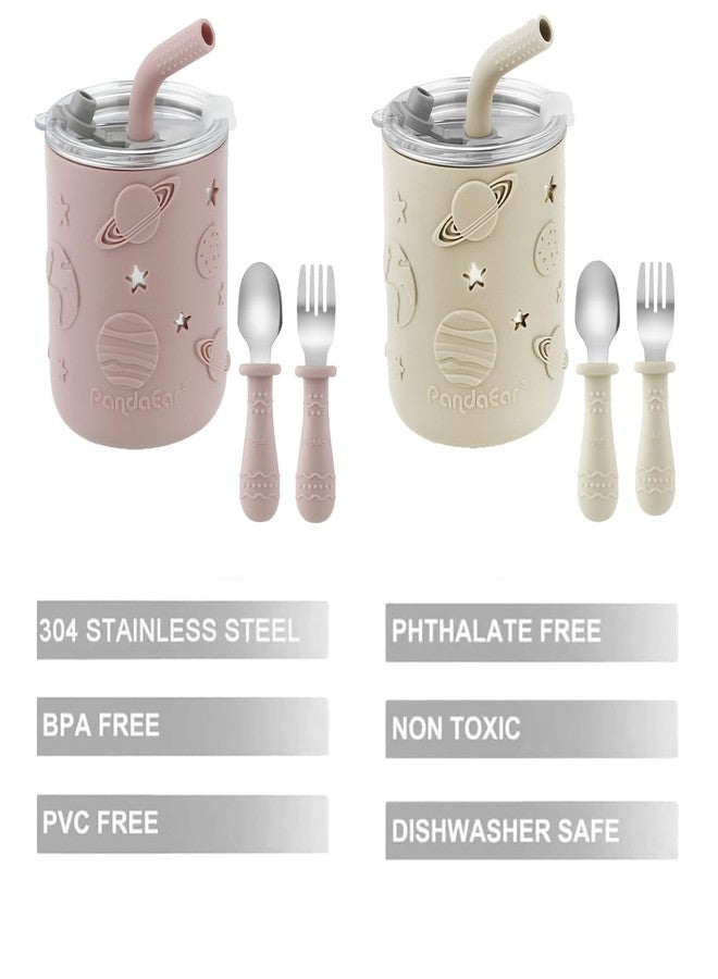 باندا إير مجموعة أكواب الأطفال الصغار من الفولاذ المقاوم للصدأ من باندا إير، عبوة من قطعتين، مع أغطية وأكمام سيليكون، ومجموعة من ملعقتين وشوكتين، أكواب شرب مانعة للانسكاب سعة 8.8 أونصة مع سدادة ماصة، خالية من مادة BPA (لون وردي فاتح/كتاني) - Image 3